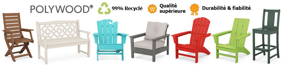 Chaises, balançoires, tables, mobiliers et sectionnels extérieures en plastique recyclé