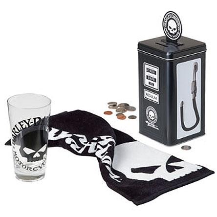 Harley Davidson glass, towel and metal bank gift set