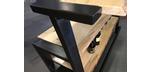 Live edge wood and steel bar with storage shelf