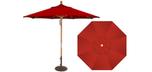 Red 9 foot wide hardwood frame patio umbrella by Treasure Garden